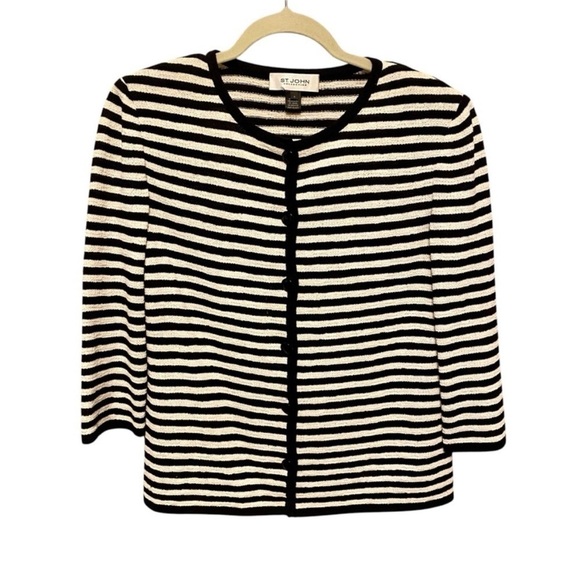 St. John Black and Off White Striped Wool Blend Knit Cardigan Sweater size 6 - Picture 1 of 10